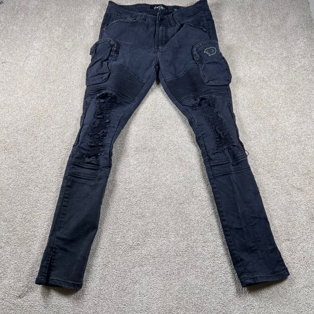 Frost Originals Mens Moto Cargo Jeans Black Distressed Ripped Slim Fit 32x32